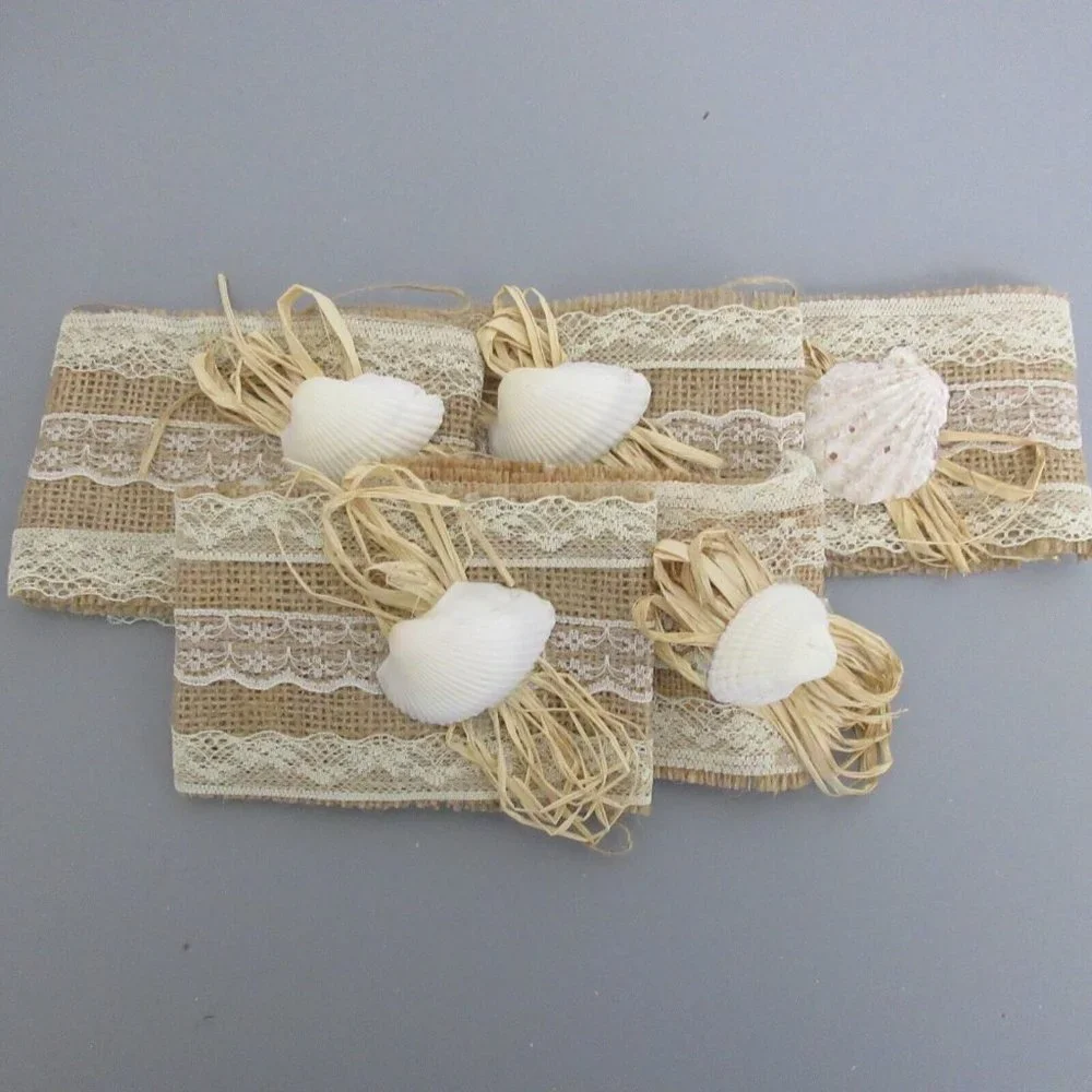 Beach Wedding/Party/Decor Rustic Candle Wraps Burlap Lace Raffia Shell Set of 5